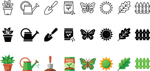 Gardening icons set: potted plant watering can shovel fertilizer bag butterfly sun leaf fence with oak leaf picket fence garden tools eco friendly line art white background gardening fertilizer © MST SUMAIYA
