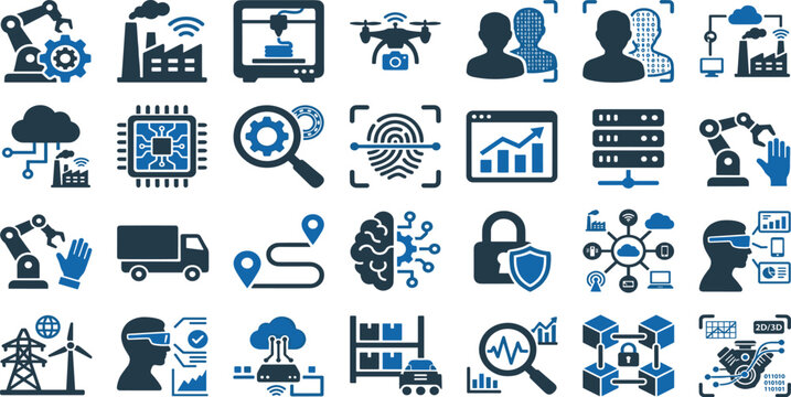 Smart industry four point zero icon set with facial recognition biometric security robotic automation and digital manufacturing systems.