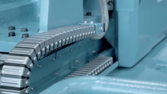 Flexible cable channel in milling machine for protecting cables in mechanisms with moving parts. Closeup. Shot in motion