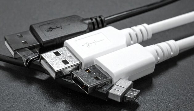 "Four USB cables side by side, contrasting black and white designs with glossy connectors."