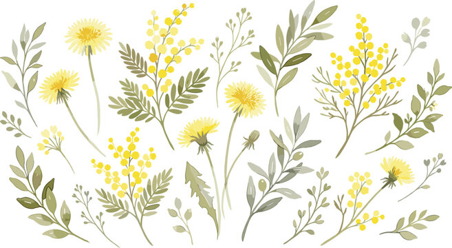 Watercolor Yellow Mimosa and Dandelion Floral Vector Set with Green Olive Branches and Spring Wildflower Elements for Easter Greeting Cards and Botanical Designs