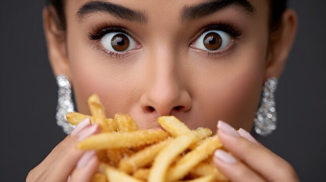 Close-up of womans eyes widening as she bites into French fries