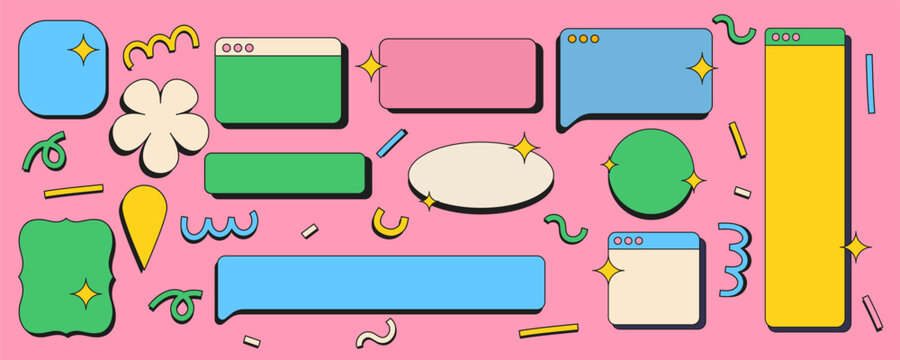 Retro Y2K Sticker and Label Frame Element Set Featuring Rounded Rectangles, Flower Shapes and Squiggly Lines in Pastel Green, Blue and Yellow on Pink. Back to school