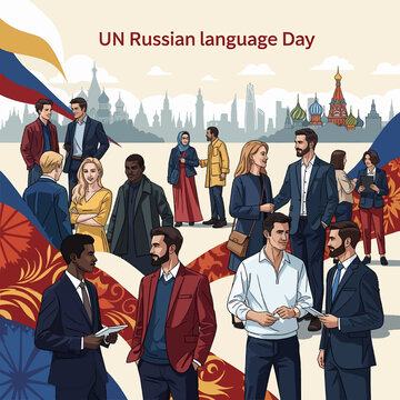 Diverse group of people celebrating UN Russian Language Day with Moscow city skyline and national flag elements in the background, a multicultural event.
