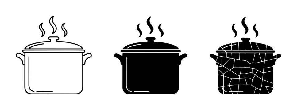 Steaming Pots Collection: Cooking Vessels, Kitchenware Icons, Culinary Heat Symbols, Vector Graphics for Food Preparation