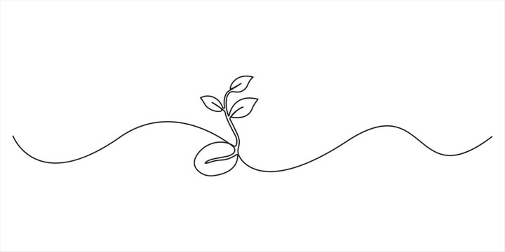 Leaves continuous line drawing. Plant branch one line art. Vector illustration isolated on white. leaf line vector Continuous one line drawing of a young plant sprout with two leaves growing from the 