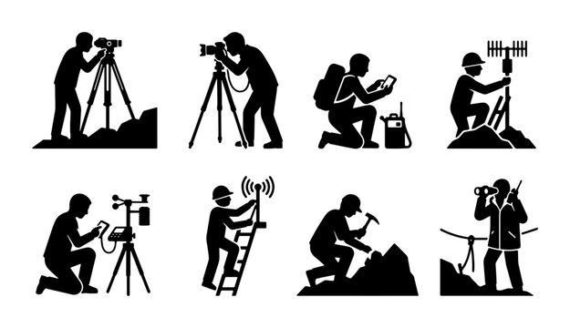 Surveying and Mapping Icons: Geodetic Surveyors, Photogrammetry, and Field Research Professionals Set