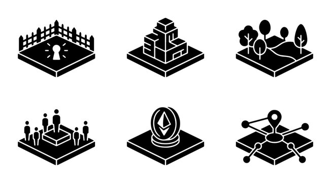 Isometric Metaverse Icons: Digital Land, NFTs, Virtual Worlds, Blockchain, Community, and Connectivity Concepts