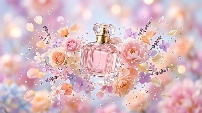 Perfume bottle rests in the center of a circular cloud of floating lavender and pastel flowers.