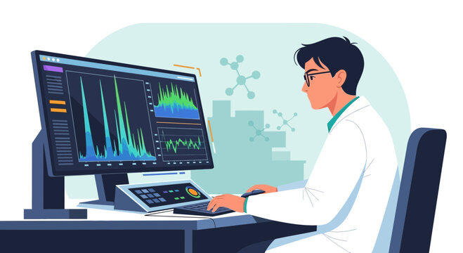 Scientist Analyzing Data on Computer Screen in Modern Laboratory