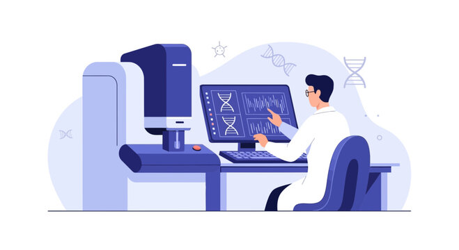 Scientist Analyzing DNA Data on Computer in Modern Laboratory
