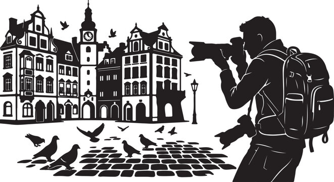 Travel photographer with backpack taking photos in european city square silhouette vector