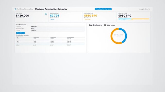 Home mortgage amortization calculator: animated loan repayment breakdown with principal interest balance charts and monthly payment schedule visualization