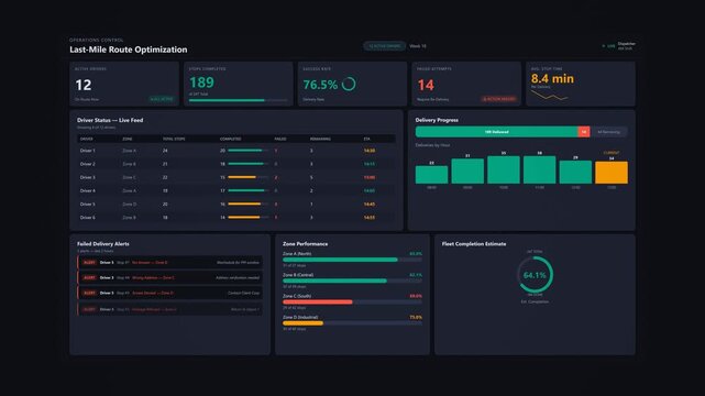 Last mile delivery dashboard: animated logistics tracking interface with route map, order status timeline and real-time dispatch performance metrics