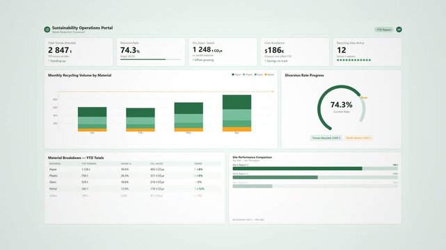 Recycling waste reduction scorecard: animated environmental metrics dashboard with category breakdown, diversion rates and sustainability progress indicators