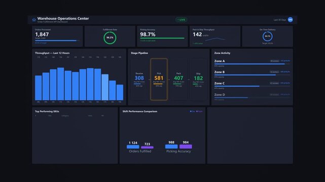 Warehouse order fulfillment dashboard: animated inventory operations tracker with pick rate metrics, shipment status breakdown and daily throughput performance visualization