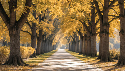Fototapeta premium Autumn tree-lined path in golden sunlight