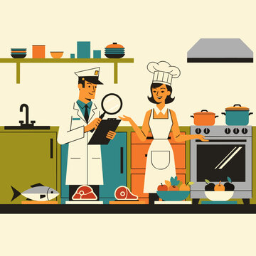 Professional food inspector using a magnifying glass to check produce and ingredients with a chef in a clean commercial kitchen, emphasizing food safety and quality control standards.