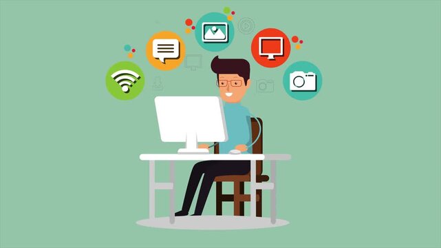 Comprehensive Web Content Management and Multimedia Animation: Professional Developer at Desk with Icons for Photography, Wi-Fi, and Social Media, Seamless Loop for IT Services.
