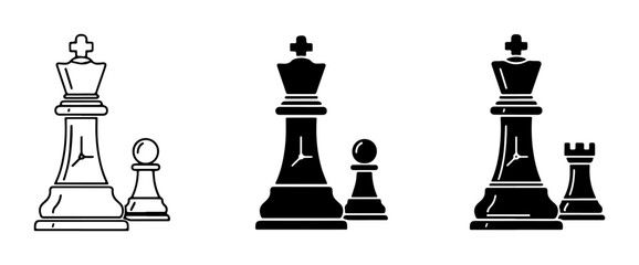 Chess King and Pawn Icons, King and Rook Icons, Strategy Game Pieces, Black and White Vector Graphics © Nusrat