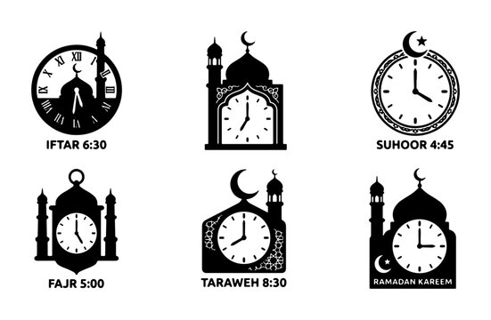 Islamic Prayer Time Clocks, Mosque Icons with Timers for Fajr, Iftar, Suhoor, Tarawih, Ramadan Kareem, Muslim Worship Schedule
