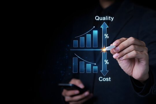 Quality increase and cost optimization for products or services to improve customer satisfaction and enhance company performance. Successful corporate strategy and management. Effective business.
