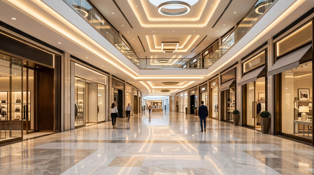 Modern luxury shopping mall interior with people walking