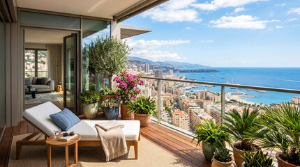 Fototapeta premium Coastal balcony with lounge chairs overlooking seaside town and ocean view
