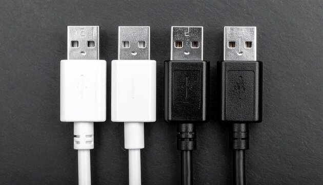 "Four USB cables side by side, contrasting black and white designs with glossy connectors."
