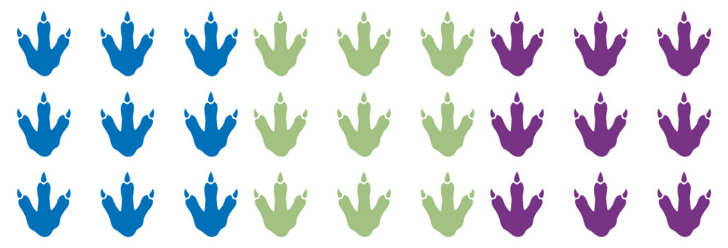 Three rows of colorful dinosaur footprints in blue, green, and purple arranged in a repeating pattern on transparent background