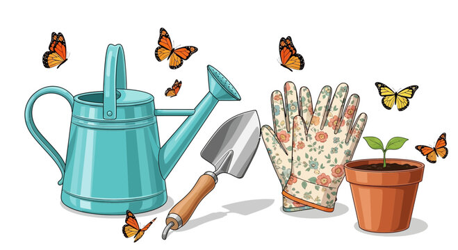 Turquoise metal watering can with garden tools gloves and colorful butterflies for spring planting activities