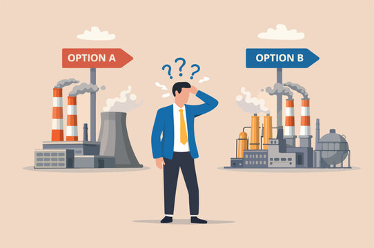 Indecisive manager cannot make decision choosing choices alternative frustrated to decide, worried about which way to choose concept, indecisive Big fectory businessman deciding way to go