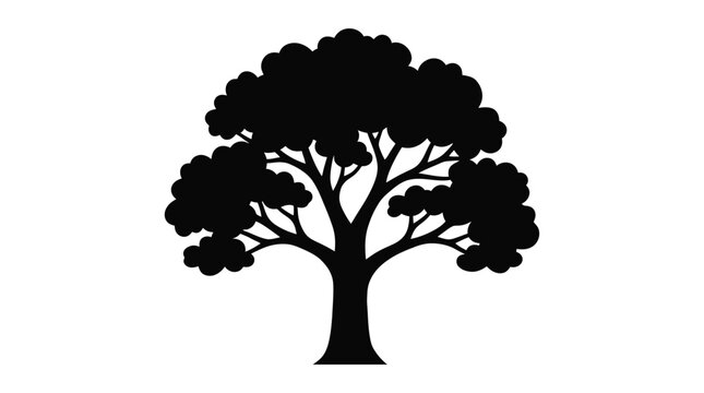 Black silhouette of a deciduous tree with full foliage on white background