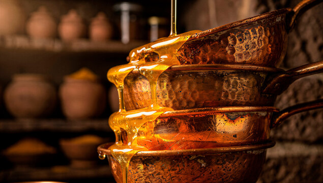 Glistening cascade of golden honey pouring over stacked copper pots in a rustic kitchen setting