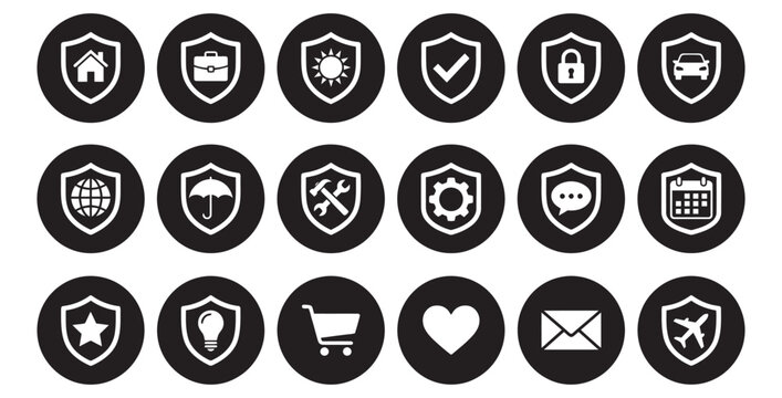 Collection of white shield icons with various symbols on black circles on transparent background