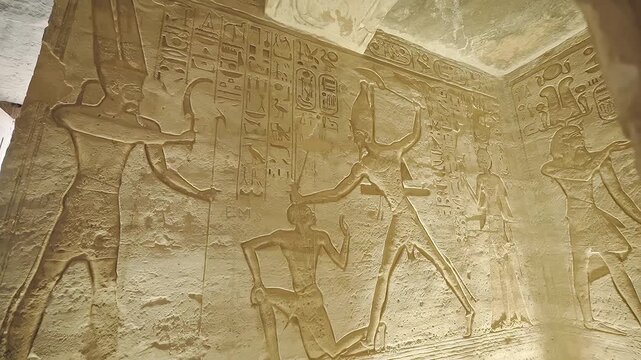 4k footage of Interior view of the famous abu simble temple that is decorated with gods figures and hieroglyphs in aswan in Egypt. 