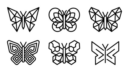 Geometric Butterfly Icons Set, Minimalist Insect Vector Graphics, Abstract Winged Creature Line Art Collection © Farhana