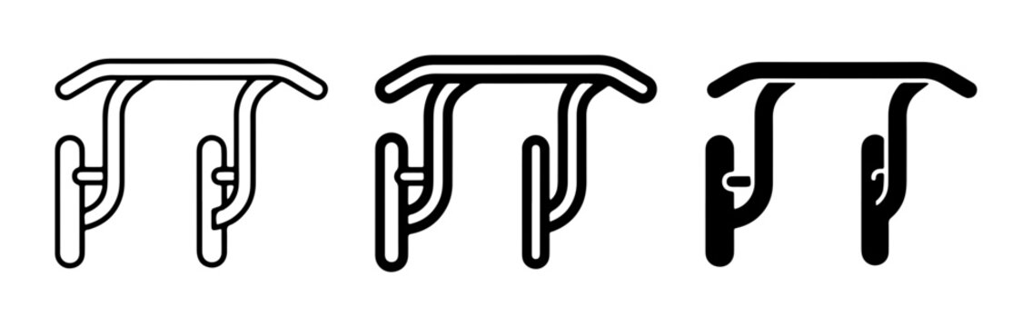 Three stylized vector icons of a coat hook, representing different line weights and fill styles for design versatility