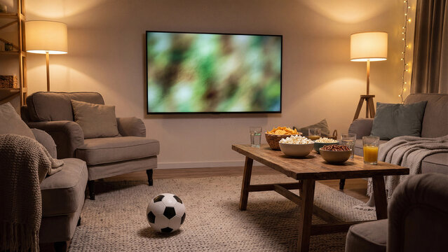 Cozy football watch party at home with soccer ball, snacks and big screen TV in living room, warm family entertainment concept for match night, sports viewing and game day celebration
