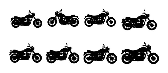 Motorcycle Silhouettes Collection: Classic Cruiser Icons, Black Vector Graphics for Transport and Lifestyle Themes © AminulHaque