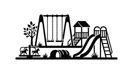 Playground silhouette swing set slide and carousel vector illustration © AkhiKhanam