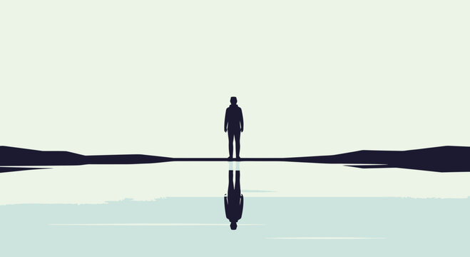 Lone figure reflected in still water, minimalist landscape, contemplation, solitude, horizon