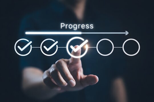 Businessman touches a digital progress checklist with check marks and an advancing loading bar, symbolizing task completion and project progress. progress bar, Management and tracking strategies,
