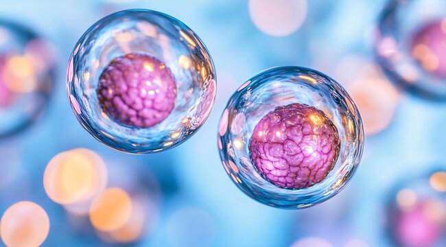 Human cells with bright nucleolus under microscope. Close-up view of biological cell division. Medical research on microbiology, disease prevention, and genetic engineering concept.