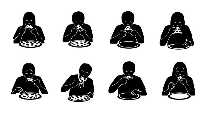 Pizza Eating Silhouettes: Diverse Poses of Enjoyment, Vector Icons Set for Food & Lifestyle Graphics