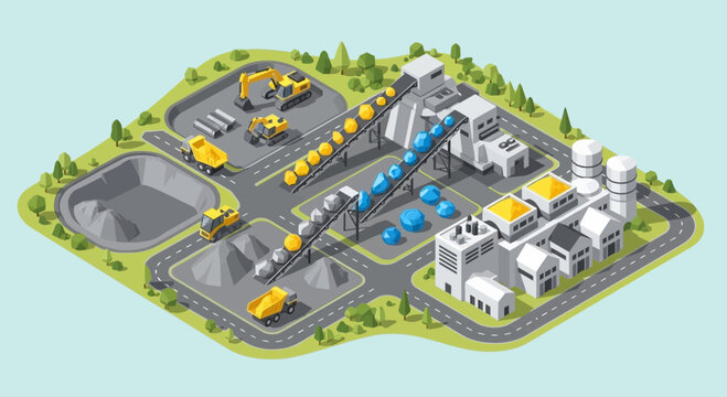 Isometric Industrial Mine and Processing Plant with Conveyor Belts, Trucks, and Excavator