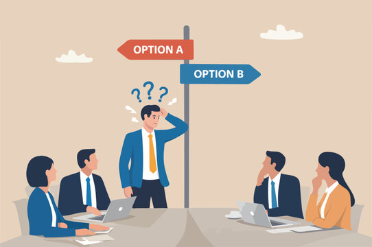 Indecisive manager cannot make decision in choosing choices alternative frustrated to decide, worried about which way to choose concept, indecisive Big Desk businessman deciding way to go