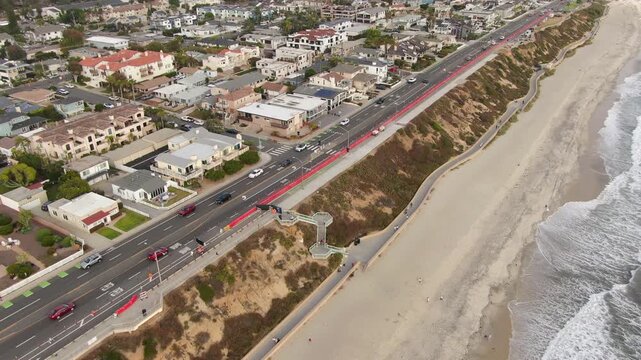 Stationary Aerial View South on Carlsbad Boulevard Coastal Construction and Beach
