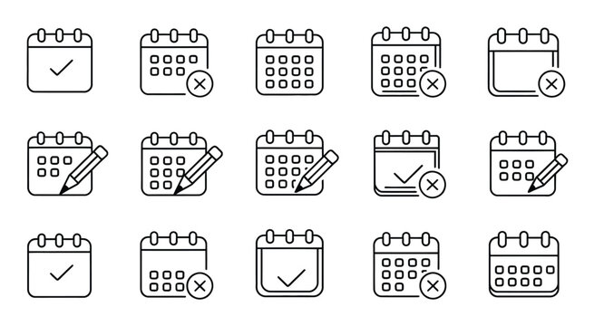 collection of calendar icons in various layouts and styles for design projects vector illustration set, modern planner symbols, schedule organization elements, minimal UI interface concept.