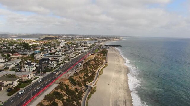 Aerial View South Over Carlsbad Boulevard Coast Highway and Seawall Beach